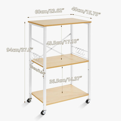 IBUYKE Kitchen Shelf Cart, 3-Tier Microwave Oven Stand, Baker’s Rack with Metal Frame and 8 Hooks, Industrial Printer Stand, Utility Standing Storage Shelf for Coffee Bar, Simple Assembly, TMJ023R