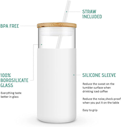 Tronco 20 oz Glass Tumbler Glass Water Bottle Straw Silicone Protective Sleeve Bamboo Lid - BPA Free - White Amber/ 2 Pack