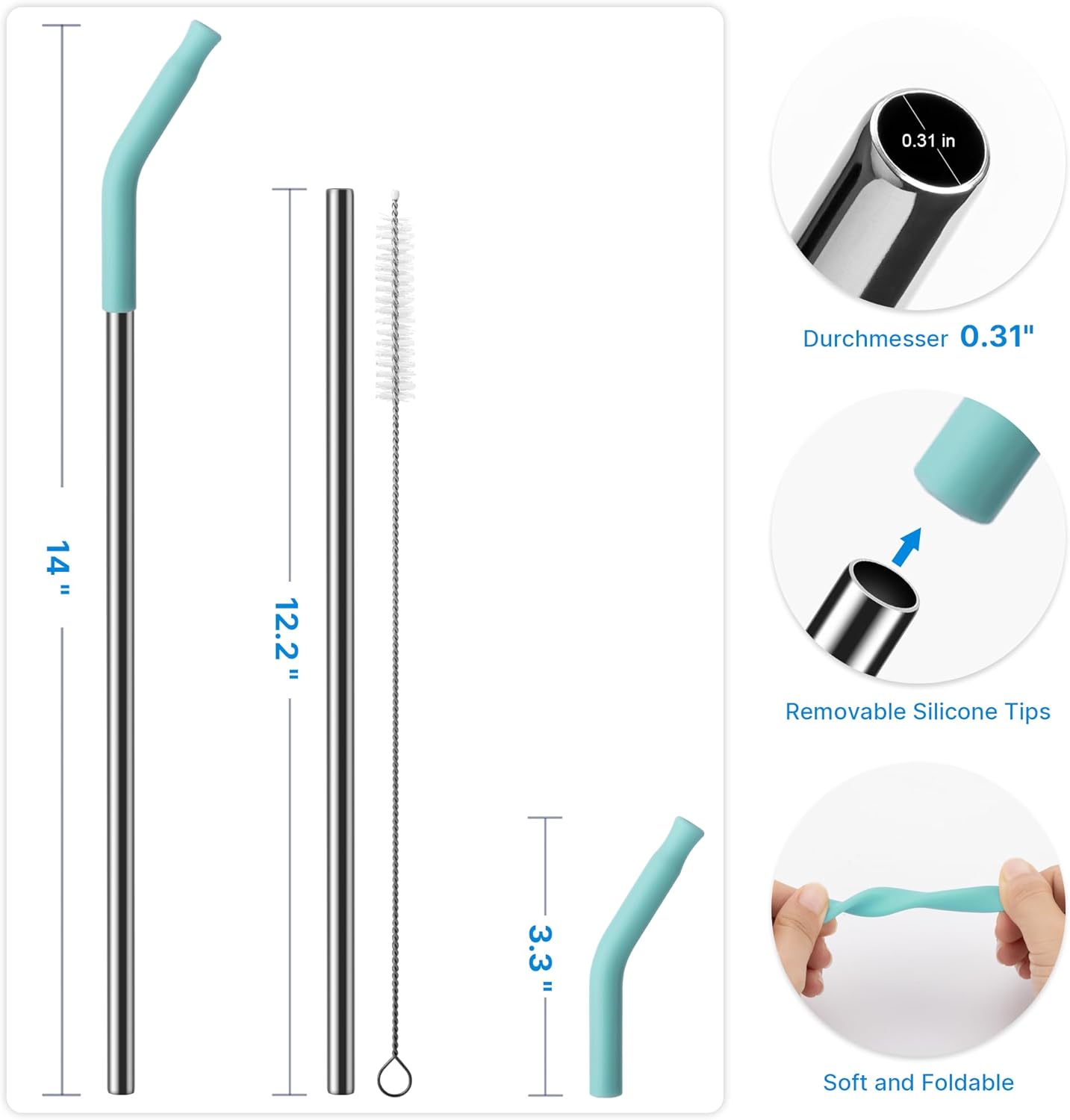 2 Pcs Stainless Steel Straws for 40 oz Stanley Tumbler, Replacement 40 oz Stanley Cup Straw Accessories with Silicone Tips and Cleaning Brush (Light Green)