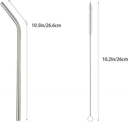 10 Pcs Stainless Steel Straws, Reusable Drinking Straws, Bent Metal Straw Sets with 2 Pcs Cleaning Brushes (Silver, 10.5 Inch)