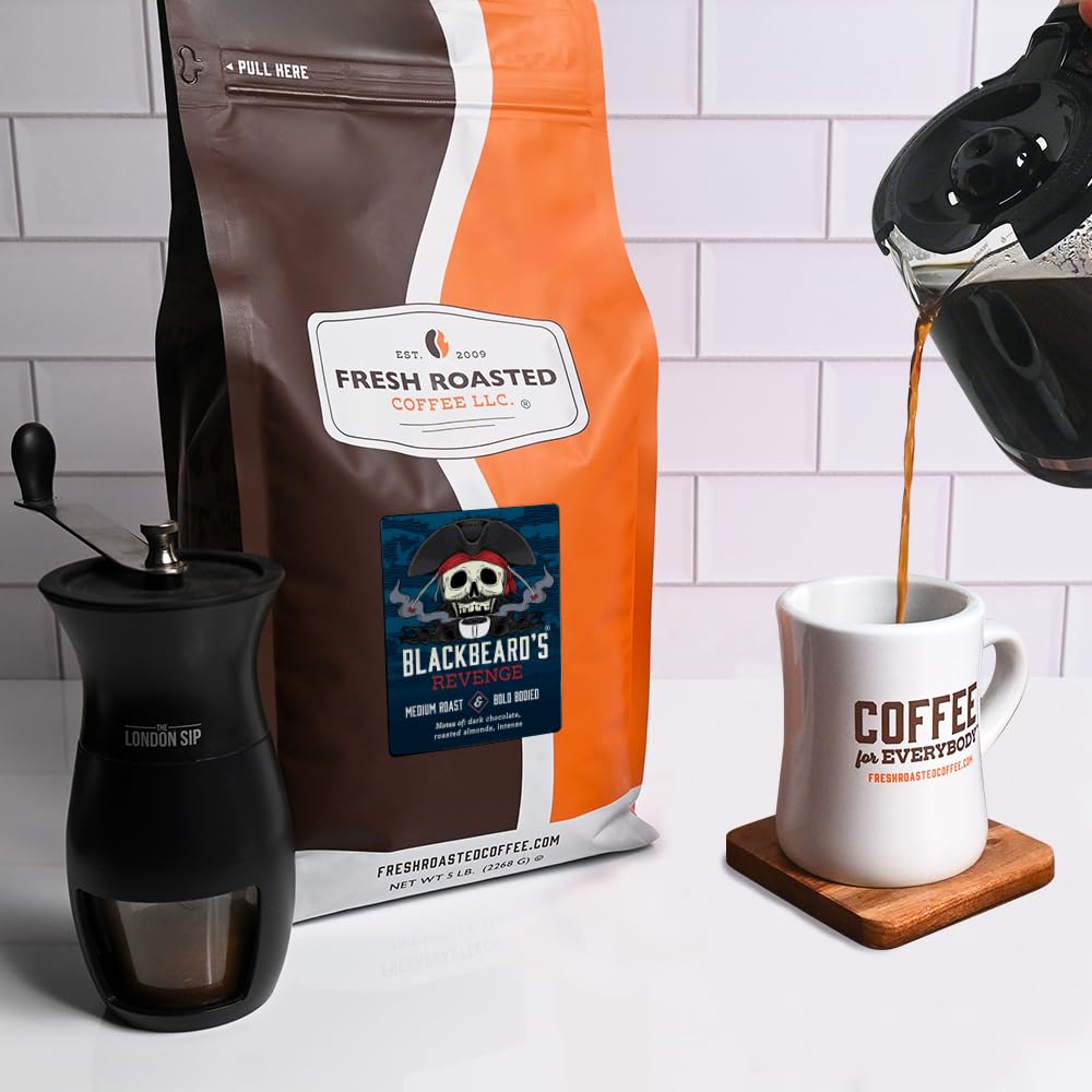 Fresh Roasted Coffee, Blackbeard's Revenge, 5 lb (80 oz), Medium Roast, Kosher, Whole Bean