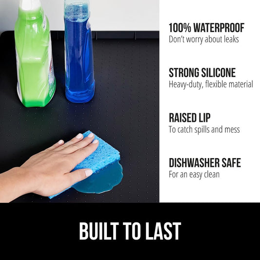 GORILLA GRIP Waterproof Silicone Under Sink Mat with Raised Lip for Kitchen and Bathroom, 34 x 22 in, Cabinet Shelf Liner Stay in Place Mats Dishwasher Safe Drawer Liner, Organizer Tray, Black