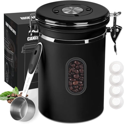 1800ML Airtight Coffee Canister with Date Tracker&Transparent Window, 22.8OZ Coffee Container with 30ML Measure Spoon&4 co2 Valve, Coffee Bean Storage Container for Grounds Coffee, Beans, Tea(Black)