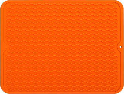 Silicone Dish Drying Mat for Multiple Usage,Easy clean,Eco-friendly,Heat-resistant Silicone Mat for Kitchen Counter or Sink,Refrigerator or drawer liner Orange L 16 inches x 12 inches