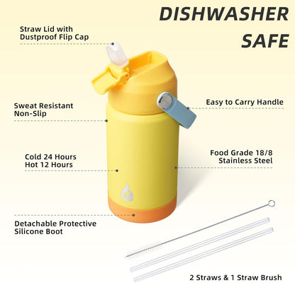 BJPKPK Insulated Water Bottle with Straw Lid, 12oz Thermos Water Bottles with Soft Nozzle, Flex Handle & Non-slip Boot, BPA Free Leak Proof Stainless Steel Metal Thermos, Tumblers, Cups,Yellow