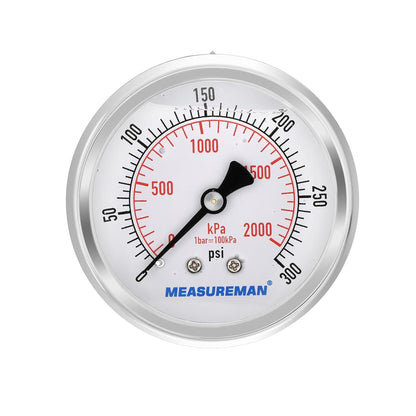 MEASUREMAN 2-1/2 inch Dial Size, Liquid Filled Pressure Gauge, 0-300psi/2000kpa, 304 Stainless Steel Case, 1/4 inch NPT Back Mount