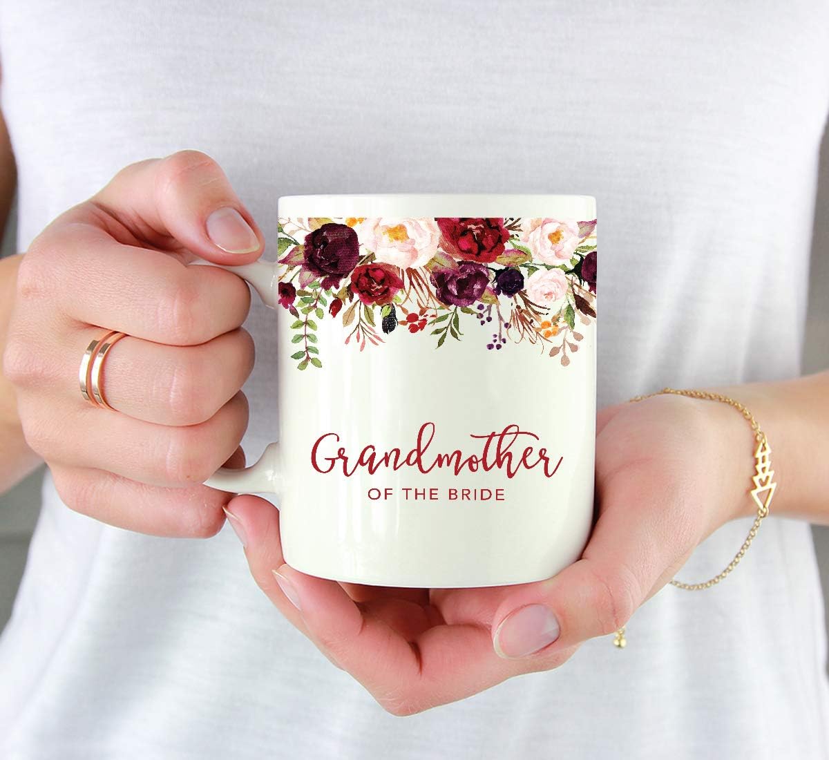 Andaz Press 11oz. Wedding Ceramic Coffee Tea Mug Gift, Fall Autumn Marsala Burgundy Flowers Roses Florals, Grandmother of the Bride, 1-Pack, Includes Gift Box