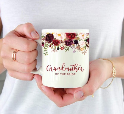Andaz Press 11oz. Wedding Ceramic Coffee Tea Mug Gift, Fall Autumn Marsala Burgundy Flowers Roses Florals, Grandmother of the Bride, 1-Pack, Includes Gift Box