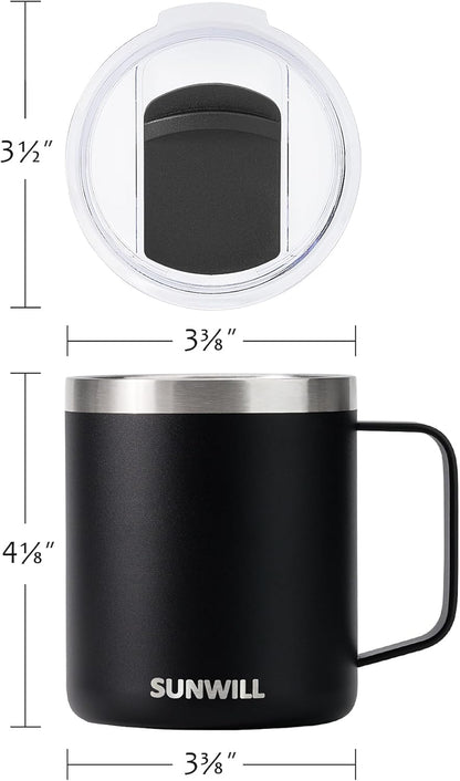 SUNWILL Travel Coffee Mug with Lid, Insulated Tumbler with Handle, 14oz Stainless Steel Cup for Camping, Outdoor, Powder Coated Black