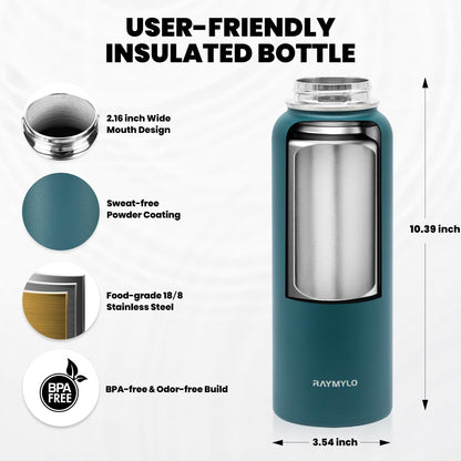 Insulated Water Bottle 40 oz, Triple Wall Vacuum Stainless Steel (Cold for 48 Hrs), Leak Proof & Non-BPA, Modern Water Flask Jug with Paracord Handle & Straw Spout Lids, Dark Green