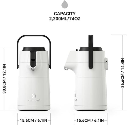 IDEUS Thermal Coffee Carafe 74oz (2,200ml), Stainless Steel Double Wall Insulated Vacuum Flask, Water Jug Coffee Server and Beverage Dispenser, Heat and Cold Retention (White, 74oz (2,200ml))