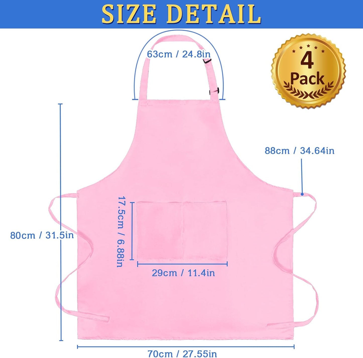 4 Pack Chef Apron, Adjustable Apron with 2 Pockets, Unisex Personalised Apron for Cooking, Kitchen, Restaurant
