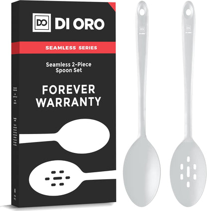 DI ORO Silicone Spoons for Cooking - Large Kitchen Utensils for Mixing, Serving, & Stirring - 600F Heat-Resistant Non Stick - Big Solid & Slotted Basting Spoons - Dishwasher Safe (2pc, Stone)