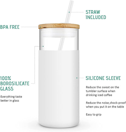 Tronco 20 oz Glass Tumbler Glass Water Bottle Straw Silicone Protective Sleeve Bamboo Lid - BPA Free - Black White/ 4 Pack