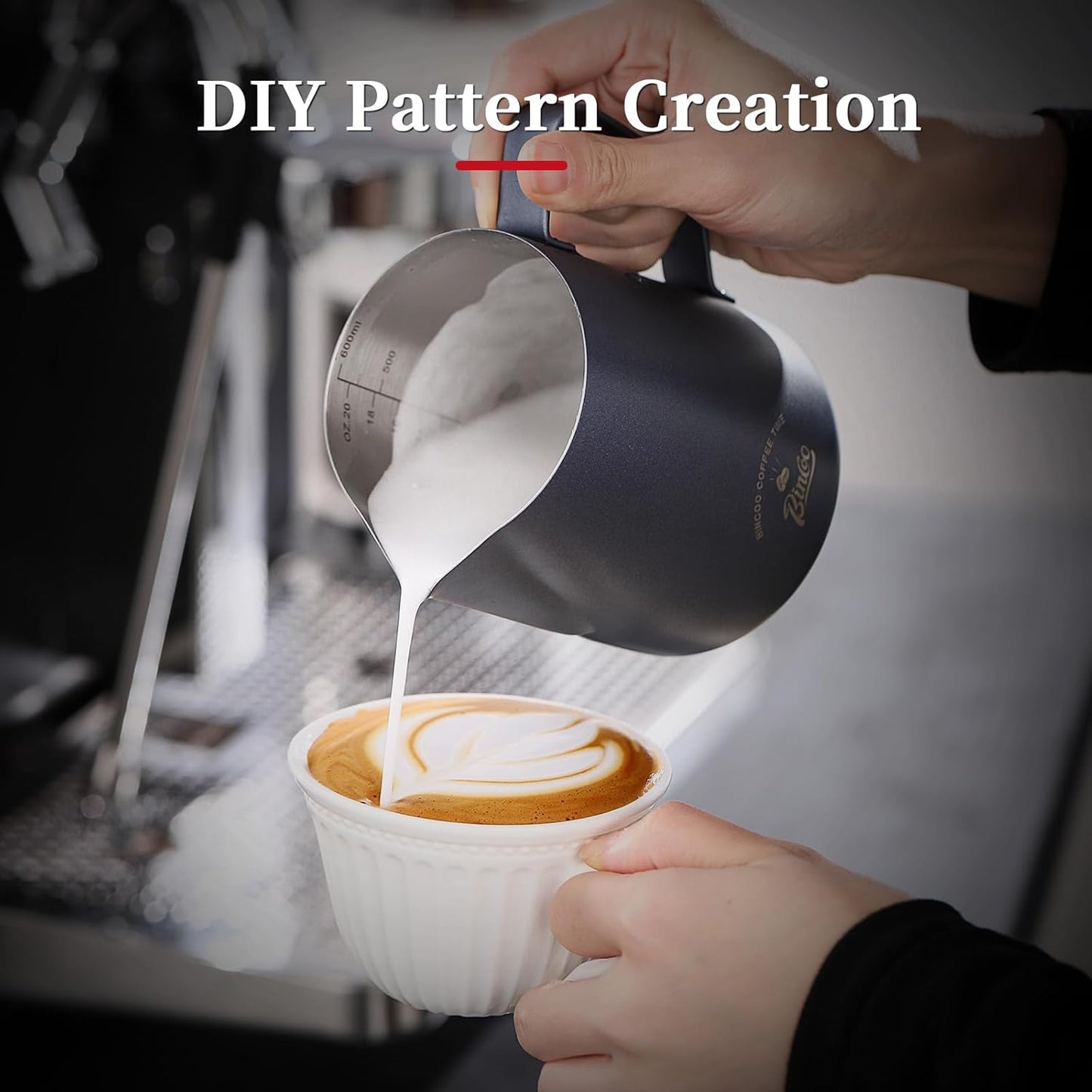 Milk Frothing Pitcher, 20OZ/600ML Stainless Steel Espresso Steaming Pitcher Coffee Milk Frother Cup with Handle and Scale