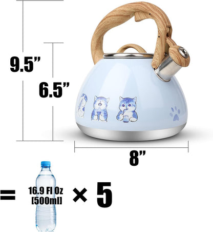 Tea Kettle, Toptier Teapot Whistling Kettle with Wood Pattern Handle Loud Whistle, Food Grade Stainless Steel Tea Pot for Stovetops Induction Water Kettle, 2.7-Quart Blue Cat