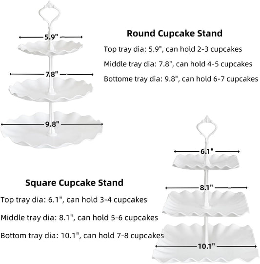 2 Set of 3-Tier Plastic Cupcake Stand Dessert Plates Mini Cakes Fruit Candy Display Tower White for Birthday Tea Party Baby Shower Serving Tray