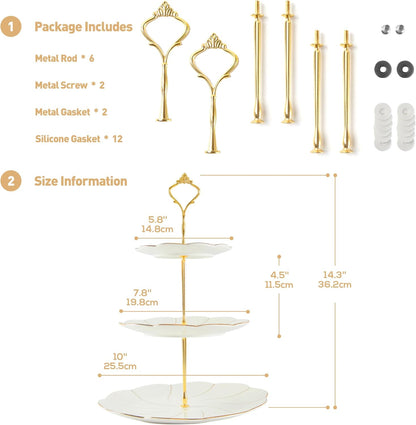 DUJUST 2pcs Porcelain 3-Tier Cupcake Stand Tower, British Style Serving Tray with Golden Trim, Food Grade Dessert Display Stand, Beautiful Gift for Tea Party & Home Décor