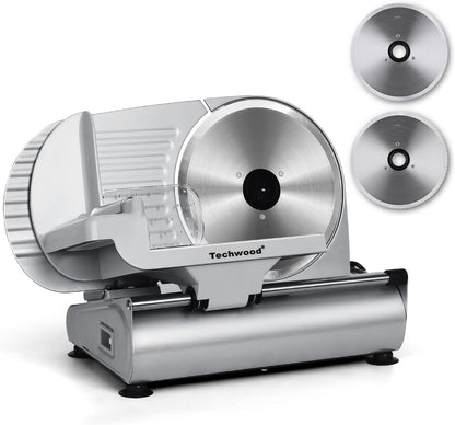 Meat Slicer, Techwood Electric Deil Food Slicer with Removable 9” Stainless Steel Blade, Deli Cheese Fruit Vegetable Bread Cutter with Adjustable Knob for Thickness, Food Carriage & Non-Slip Feet