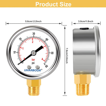 Lead-Free Water Pressure Gauge Liquid Filled 60 Psi 2" Dial, Stainless Steel Case, 1/4" NPT Lower Mount, Water Pressure Gauge for Home
