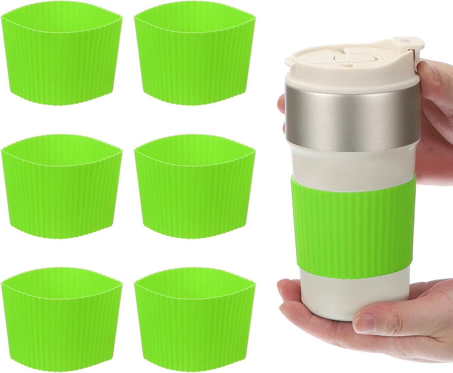 uxcell 6Pack Coffee Cup Sleeves, Reusable Silicone Heat Resistant Cup Protective Sleeve Nonslip Mug Protector Cover for Home Travel Coffee Mug Glasses Water Bottle Boots, Green