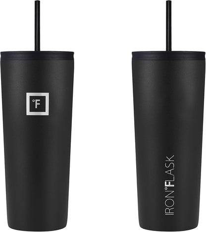 IRON °FLASK Classic Tumbler - Vacuum Insulated Stainless Steel Water Bottle, Double Walled, Drinking Cup, Insulated Travel Mug (Midnight Black, 24 oz Solid Lid)
