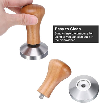 uxcell 58mm Espresso Tamper, Stainless Steel Press Tool Tamper with Wooden Handle, Espresso Accessories for Baristas, Shops, Cafe (Flat Base, Deep Wooden)