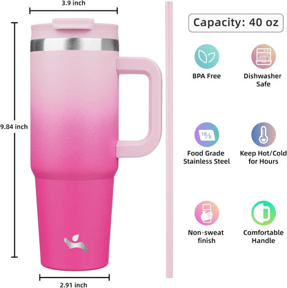 40 oz Tumbler with Handle and 2 Straws,2 in 1 Lid Insulated Water Bottle Stainless Steel Travel Coffee Mug,Cherry Blossoms