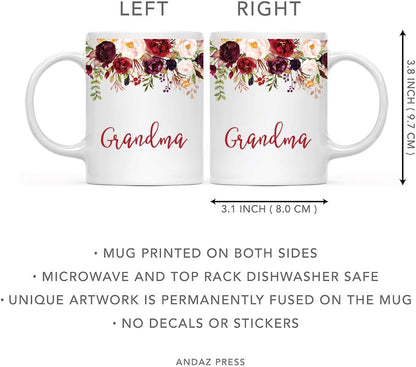Andaz Press 11oz. Mother's Day Ceramic Coffee Tea Mug Gift, Fall Autumn Marsala Burgundy Flowers Roses Florals, Grandma, 1-Pack, Includes Gift Box, Birthday Christmas Gift Ideas