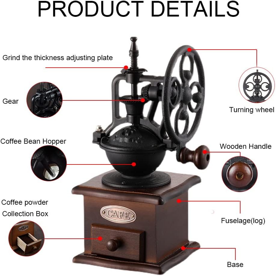 Burr Coffee Grinder, Vintage Style Wooden Hand Grinder, Classic French Press Coffee Mill With Brush