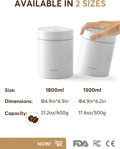 OUTPEAK 2025 Kilo Auto Vacuum Coffee Canister, 1.8L for 21.2oz Coffee Beans, One-Button Operation, Stainless Steel Container with Scoop, Fresh 6-Month Storage Container (Barista Champion's Choice)