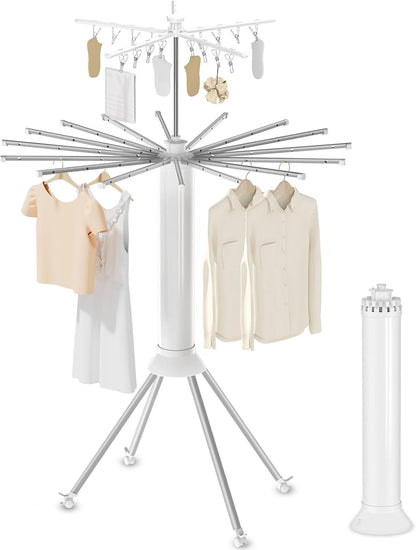 4-Legged Clothes Drying Rack Foldable, Double Dryer Rack with 20 Clips, Outdoor Laundry Drying Rack with 4 Pulleys, Collapsible Drying Rack Clothing, Aluminum Hanging Dry Rack for Clothes,Socks,Towel