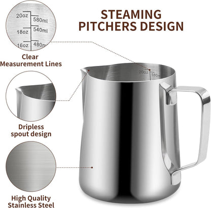 Espresso Milk Frothing Pitcher, 20OZ/600ML Stainless Steel Milk Frother Cup with Decorating Art Pen for Espresso Machine