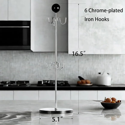 Mug Holder,6 Hooks Coffee Mug Tree for Counter,No Assembly Metal Cup Holder with Stable Acrylic Base,Mug Rack for Coffee Bar Accessories,Black