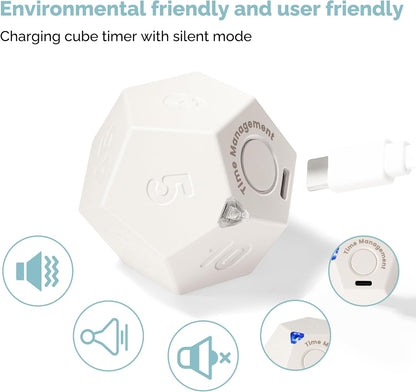 KADAMS Pomodoro Cube Timer Productivity-11 Preset Countdowns, Flip-to-Start Gravity Activation - Sound Vibrate Mute Rechargeable - Ideal for ADHD Kid Kitchen Classroom Cook Study Exercise - White