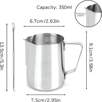 SIKEMAY Milk Frothing Pitcher Cup, 12oz/350ML Milk Frother Cup Stainless Steel Steaming Pitcher Milk Jug Coffee Latte with Art Pen Cappuccino Espresso Machine Accessories Barista Steam Pitchers Tools