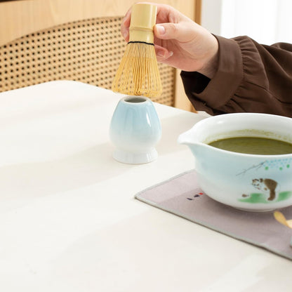 Matcha whisk and bowl set, ceramic matcha bowl with spout, matcha tea set for breakfast, matcha latte, perfect matcha set for ceremony 7 piece set (blue)