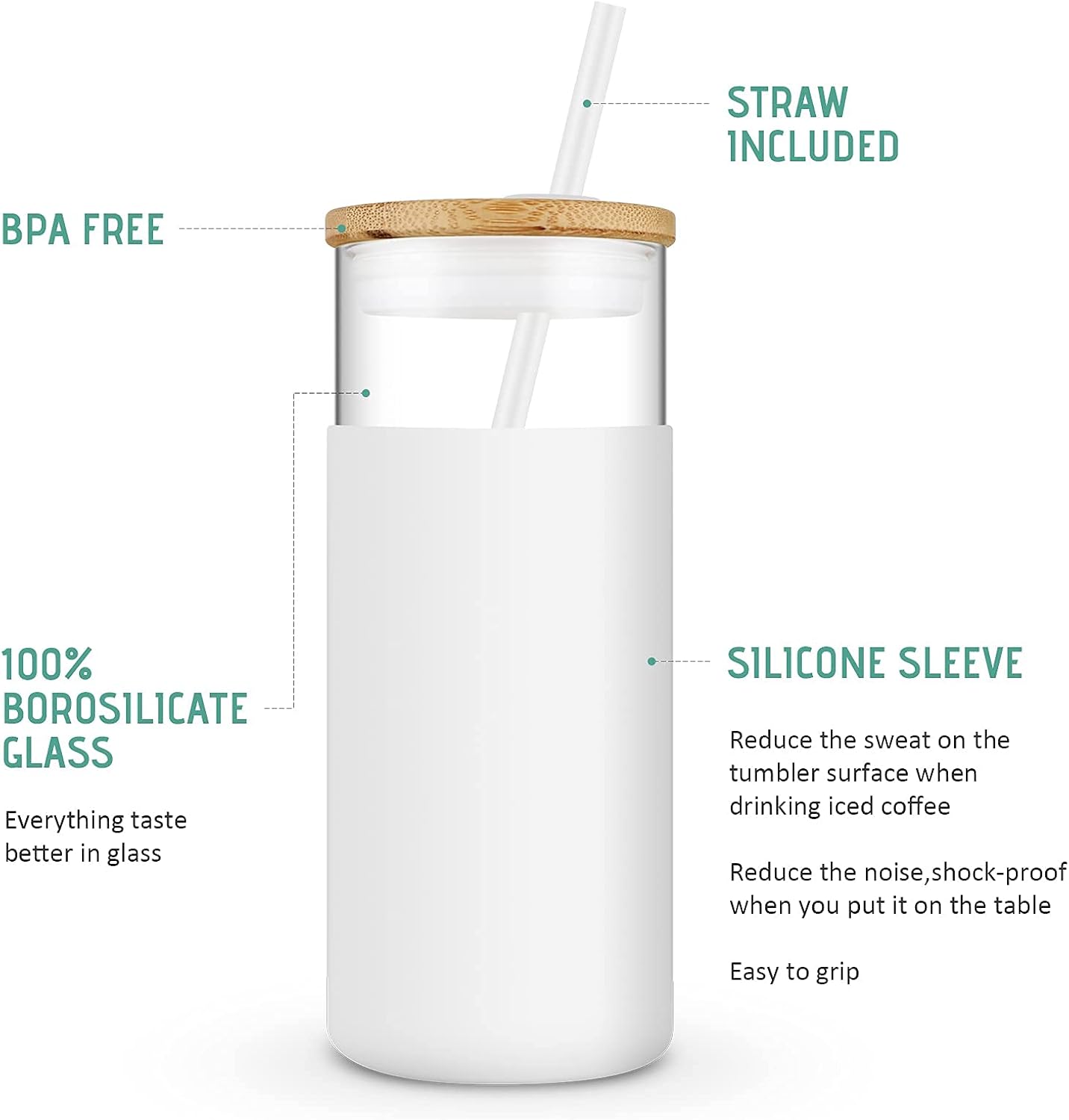 Tronco 20 oz Glass Tumbler Glass Water Bottle Straw Silicone Protective Sleeve Bamboo Lid - BPA Free (Gravel Ash)