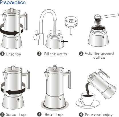 Easyworkz Diego Stovetop Espresso Maker Stainless Steel Italian Coffee Machine Maker 6Cup 10 oz Moka Pot Induction Espresso Pot