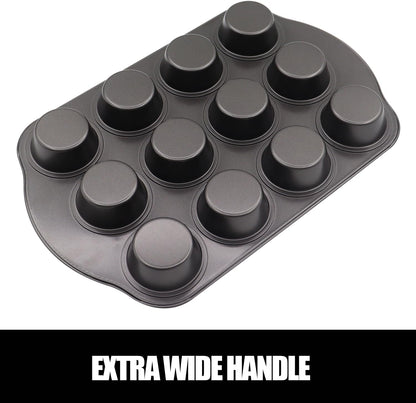 12+24 Muffin Pan Set (2 Pack) - Nonstick Cupcake Tins Dark Gray | Heavy Duty Carbon Steel, Rustproof, Oven Safe Baking Gift