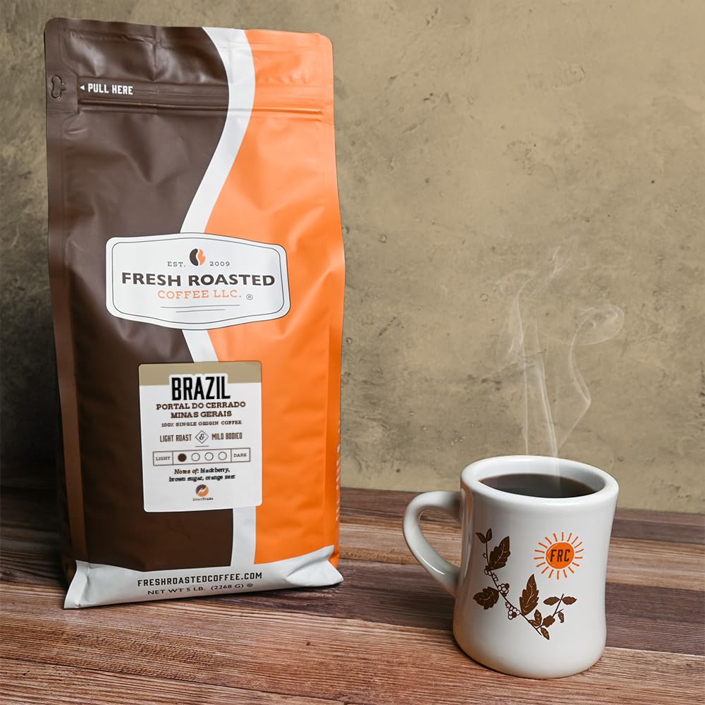 Fresh Roasted Coffee, Brazil Minas Gerais, 5 lb (80 oz), Light Roast, Kosher, Whole Bean