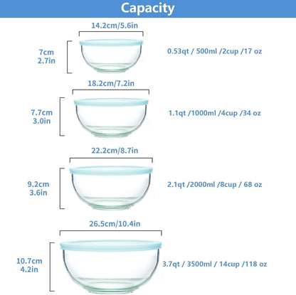WhiteRhino 8 Piece Glass Bowls with Lids, Heat Resistant Glass Mixing Bowls Set (3.7QT, 2.1QT, 1.1QT, 0.53QT), Clear Salad Bowls with BAP-Free Lids for Kitchen, Oven Microwave Dishwasher Safe