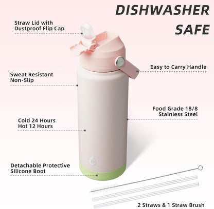 BJPKPK Water Bottle with Straw Lid, 24oz Vacuum Insulated Water Bottles, Metal Stainless Steel Thermos for Sports, Travel, BPA Free Leak Proof Thermos, Cups, Flasks, Tumblers,Pearl Pink