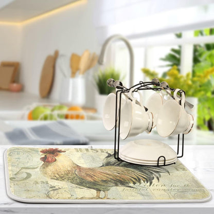 Farmhouse Rooster Dish Drying Mat 16 x 18 Inch with Hanging Loop High Absorbent Reversible Microfiber Dish Drying Pad Dish Rack Pad Drainer Mat for Kitchen Counter Coffee Bar