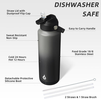 BJPKPK Insulated Water Bottle with Straw Lid, 40oz Large Thermos, BPA Free Leak Proof Stainless Steel Metal Water Bottles, Tumblers, Cups, Flasks for Travel, Sports,Black Grey