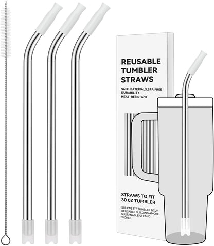 Reusable Stainless Steel Straws with Silicone Tip for Stanley 30oz, Metal Drinking Straws for 30oz Tumbler,3 Bent Tubes & 6 Tips& 1 Cleanr Brush (Transparent)