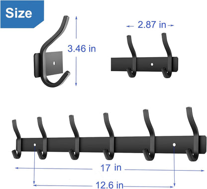Wall Hooks Heavy Duty, 17 Inch Coat Rack Wall Mount with 6 Hooks, Black Wall Hooks for Hanging Backpack, Bag, Purse, Clothes, Hat, Coat, Towel | Entryway & Bathroom Storage Organization Hanger
