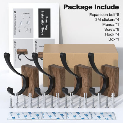 4 PCS Black Walnut Wood Wall Hooks Adhesive Mounted & Wall Mounted Rustic Decorative Entryway Hooks Mid Century Modern Natural Wooden Pegs for Hanging Coat Clothes Hat Bag Purse and Towel