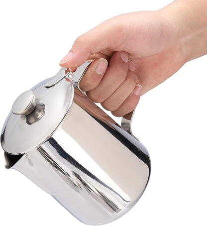 Stainless Steel Milk Frothing Pitcher, Stainless Steel Coffee Cup Mug Milk Frothing Pitcher Jug with Lid for Latte Coffee Art for Office Kitchen with handle(1000ML)