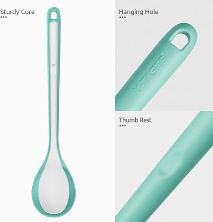 600ºF Heat Resistant Silicone Spoons: U-Taste 13.3in Solid & Slotted Kitchen Cooking Tool, Nonstick Long Rubber Utensil, Sturdy for Mixing, Serving, Stirring, Frying, Basting (Aqua Sky, 2PCS)